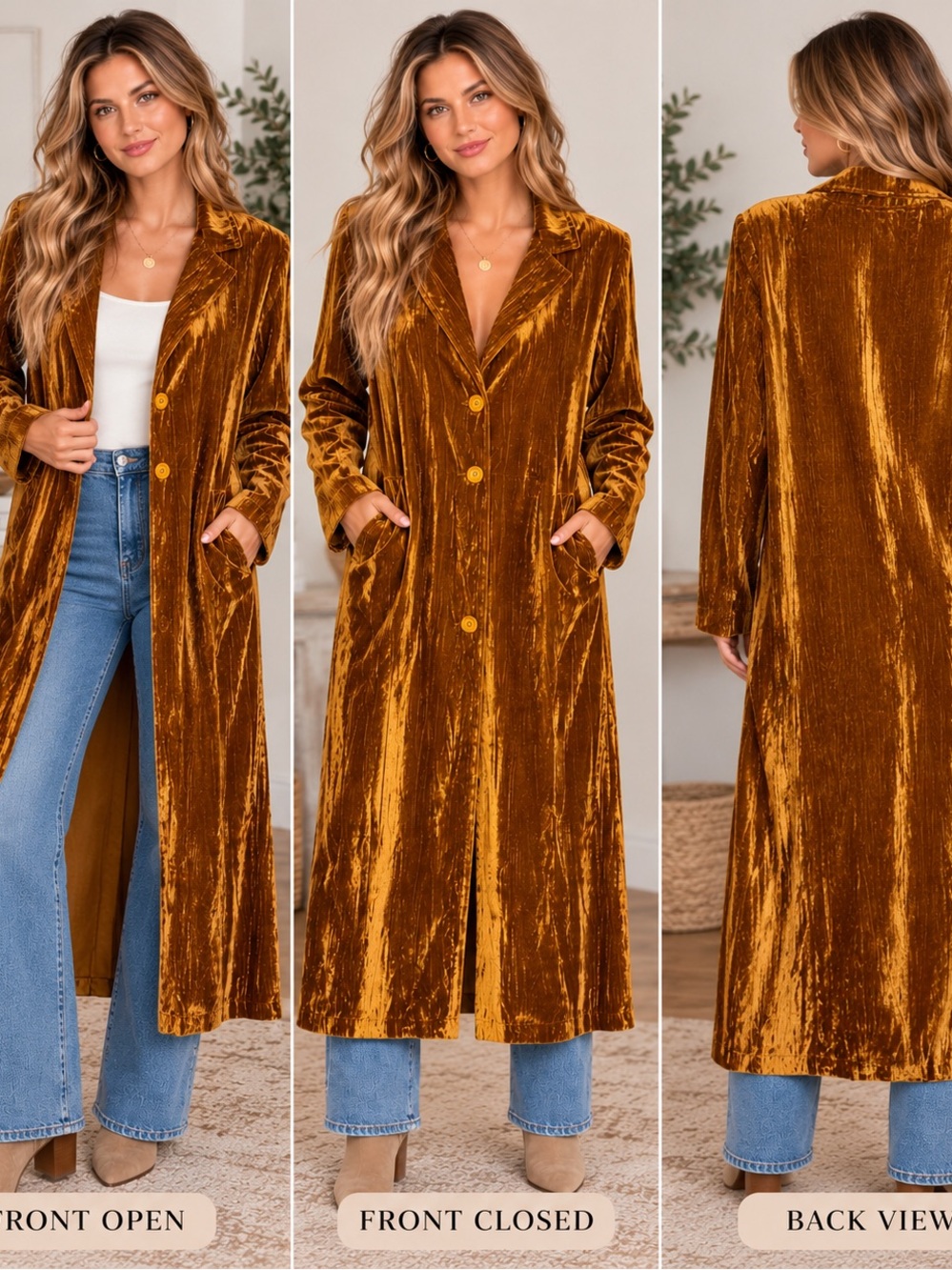 Easel Los Angeles Gold Velvet Duster Coat Size L Boho Glam Longline